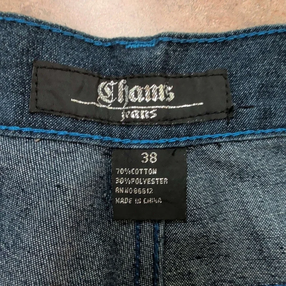 Chams Jeans Denim Shorts Mens 38 Dark Blue Baggy Y2K Embroidered Contrast Stitch